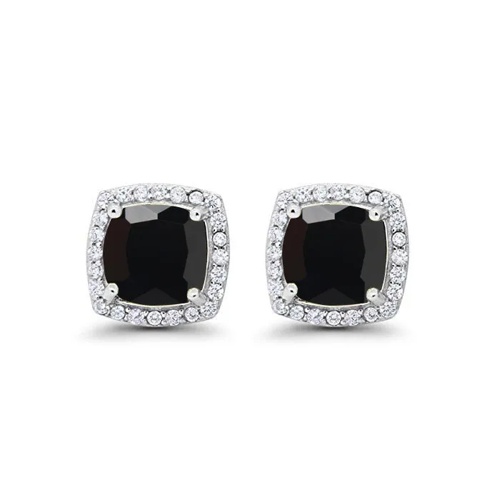 14k White Gold Plated 2 Ct Created Halo Princess Cut Black Sapphire Stud Earrings