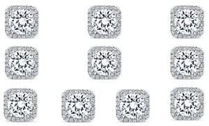 14k White Gold Plated 4Ct Square Cut White Sapphire Set of Five Halo Stud Earrings