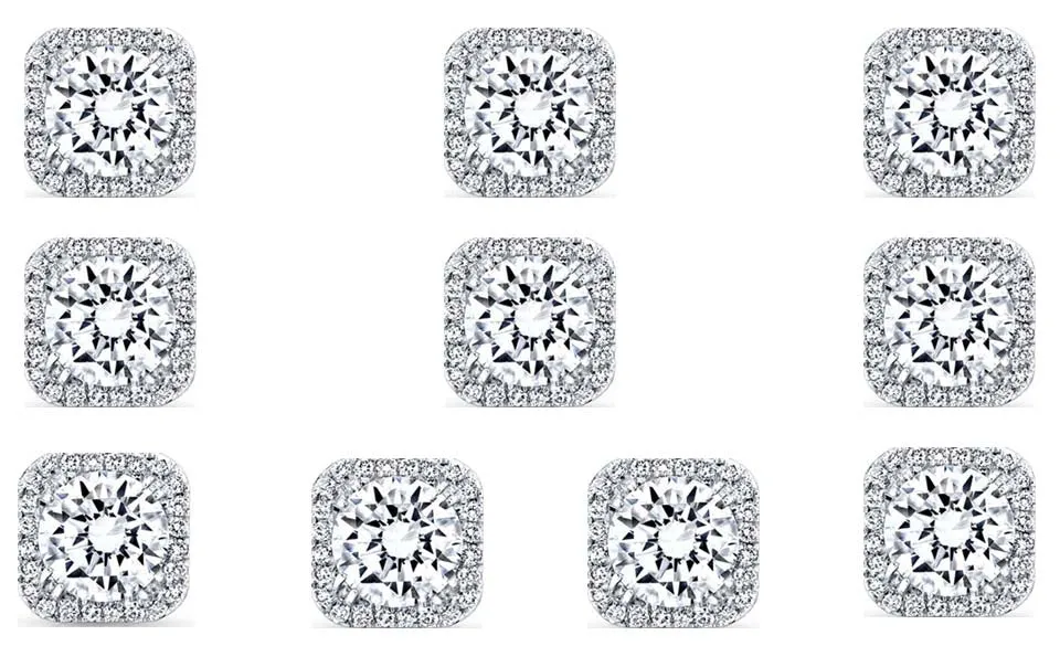 14k White Gold Plated 4Ct Square Cut White Sapphire Set of Five Halo Stud Earrings