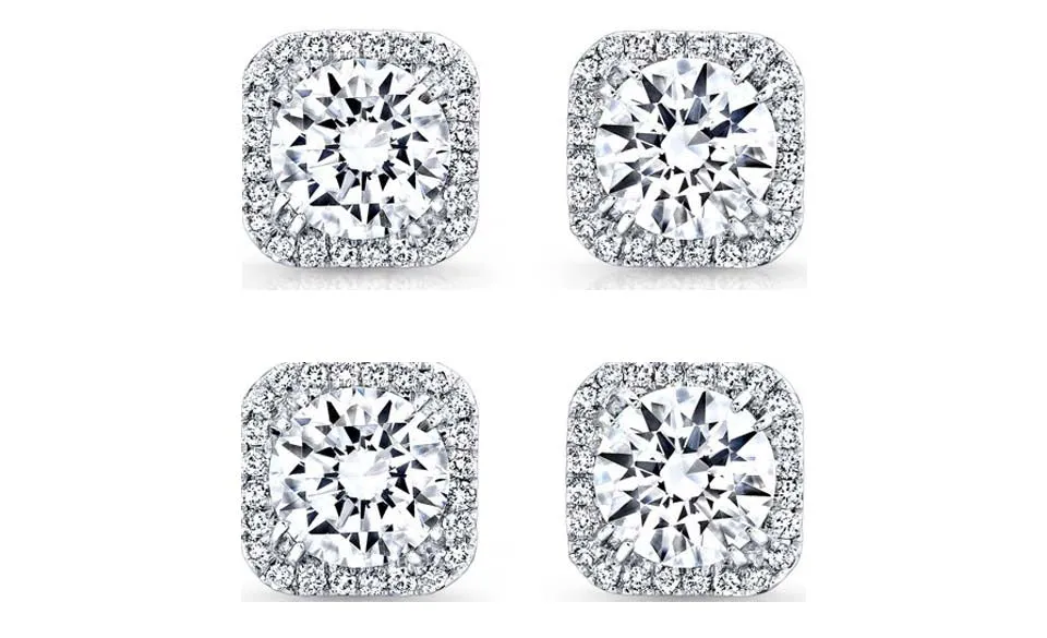 14k White Gold Plated 4mm 2Ct Square Cut White Sapphire Set of Two Halo Stud Earrings