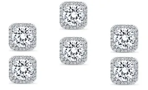 14k White Gold Plated 6mm 2Ct Square Cut White Sapphire Set of Three Halo Stud Earrings