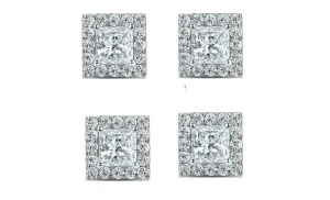 14k White Gold Plated 6mm 3Ct Princess Cut White Sapphire Set of Two Halo Stud Earrings