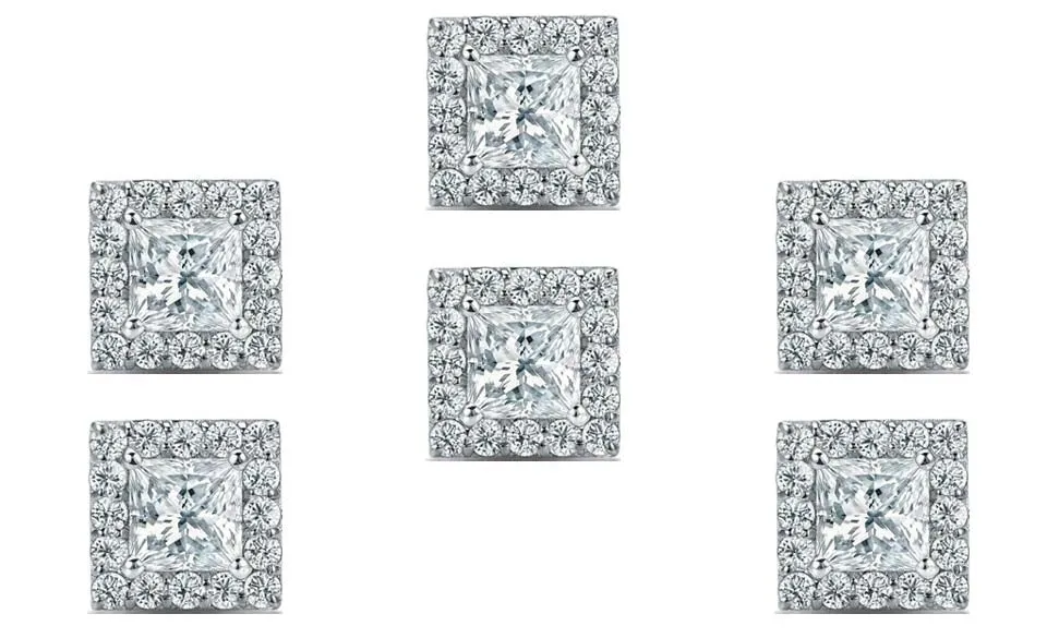14k White Gold Plated 6mm 4Ct Princess Cut White Sapphire Set of Three Halo Stud Earrings