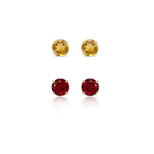 14k Yellow Gold Plated 3Ct Created Citrine and Garnet 2 Pair Round Stud Earrings