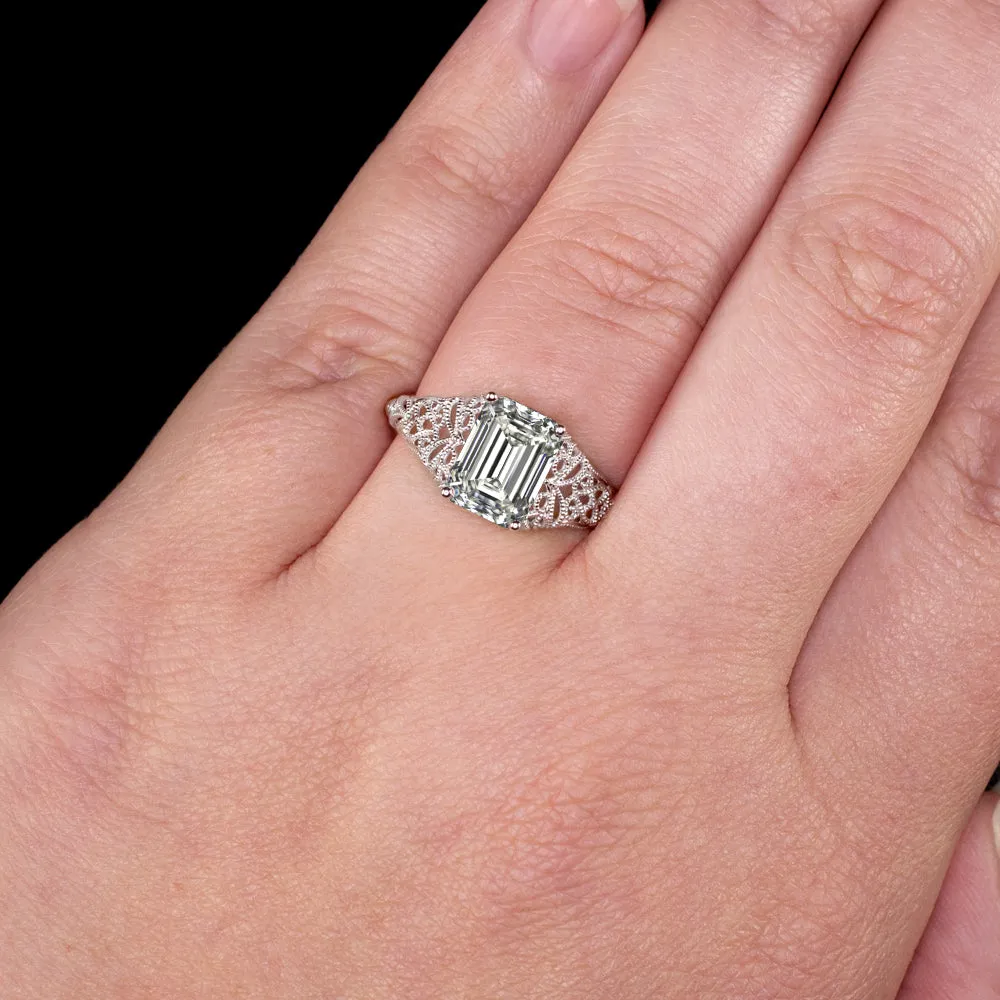 1.70ct GIA CERTIFIED J VS1 DIAMOND ENGAGEMENT RING VINTAGE STYLE EMERALD CUT