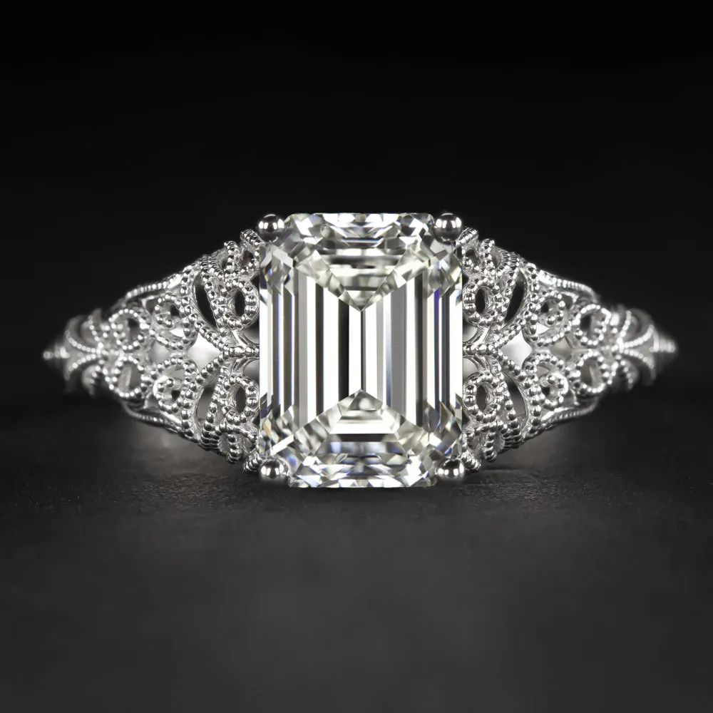 1.70ct GIA CERTIFIED J VS1 DIAMOND ENGAGEMENT RING VINTAGE STYLE EMERALD CUT