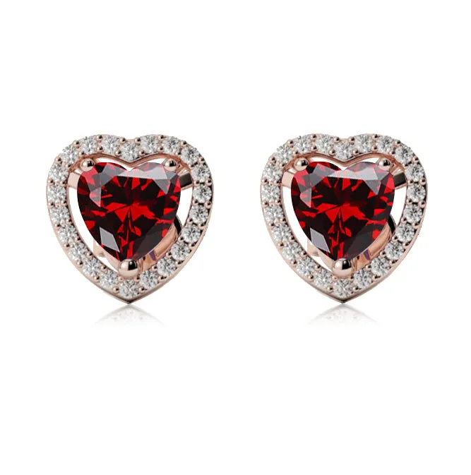 18k Rose Gold Plated 2 Ct Created Halo Heart Garnet Stud Earrings