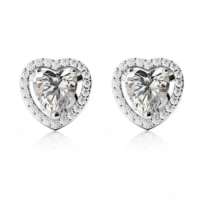 18k White Gold Plated 1 Ct Created Halo Heart White Sapphire Stud Earrings