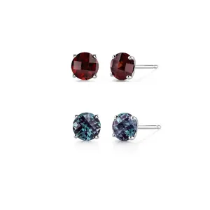18k White Gold Plated 3Ct Created Garnet and Alexandrite 2 Pair Round Stud Earrings
