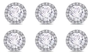 18k White Gold Plated 3Ct Round White Sapphire Set of Three Halo Stud Earrings
