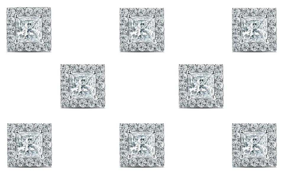 18k White Gold Plated 4Ct Princess Cut White Sapphire Set of Four Halo Stud Earrings