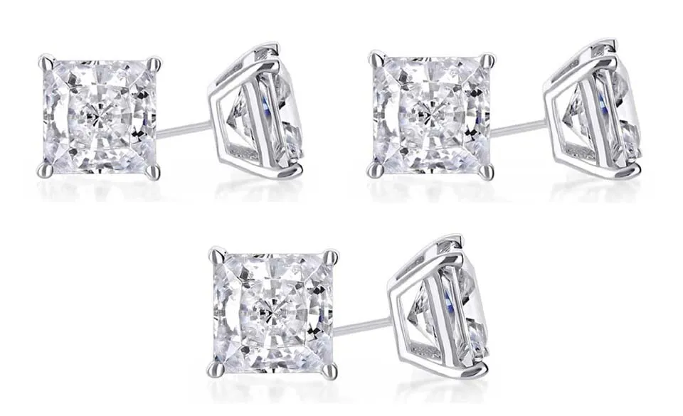 18k White Gold Plated 4Ct Princess Cut White Sapphire Set Of Three Stud Earrings