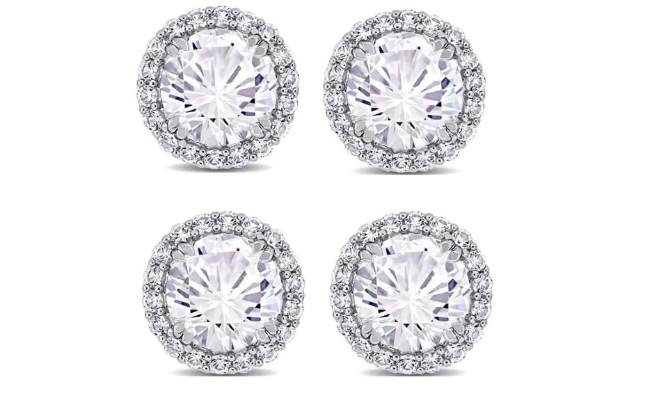 18k White Gold Plated 4mm 3Ct Round White Sapphire Set of Two Halo Stud Earrings