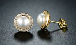 18K Yellow Gold Plated White Freshwater Pearl Halo Round 4 CT Stud Earrings