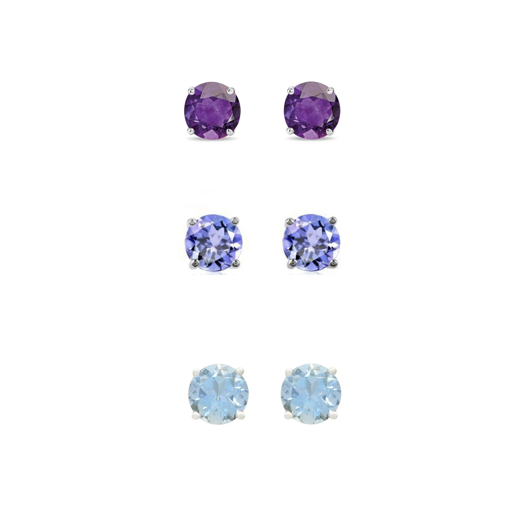 24k White Gold Plated 1Ct Created Amethyst, Tanzanite and Aquamarine 3 Pair Round Stud Earrings