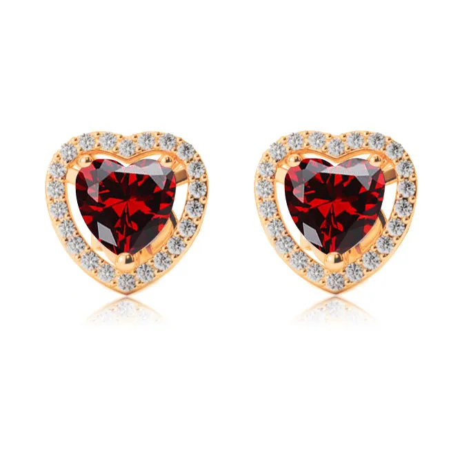 24k Yellow Gold Plated 2 Ct Created Halo Heart Garnet Stud Earrings