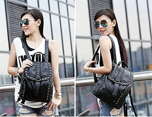 Black Backpack Washed Leather Punk Preppy Style Shoulder Bag School Bags Girls Travel Casual Waterproof Rivet Snowflake