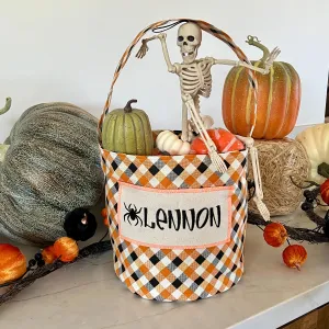 Black Orange Gingham Trick or Treat Bag, Custom Halloween Bucket