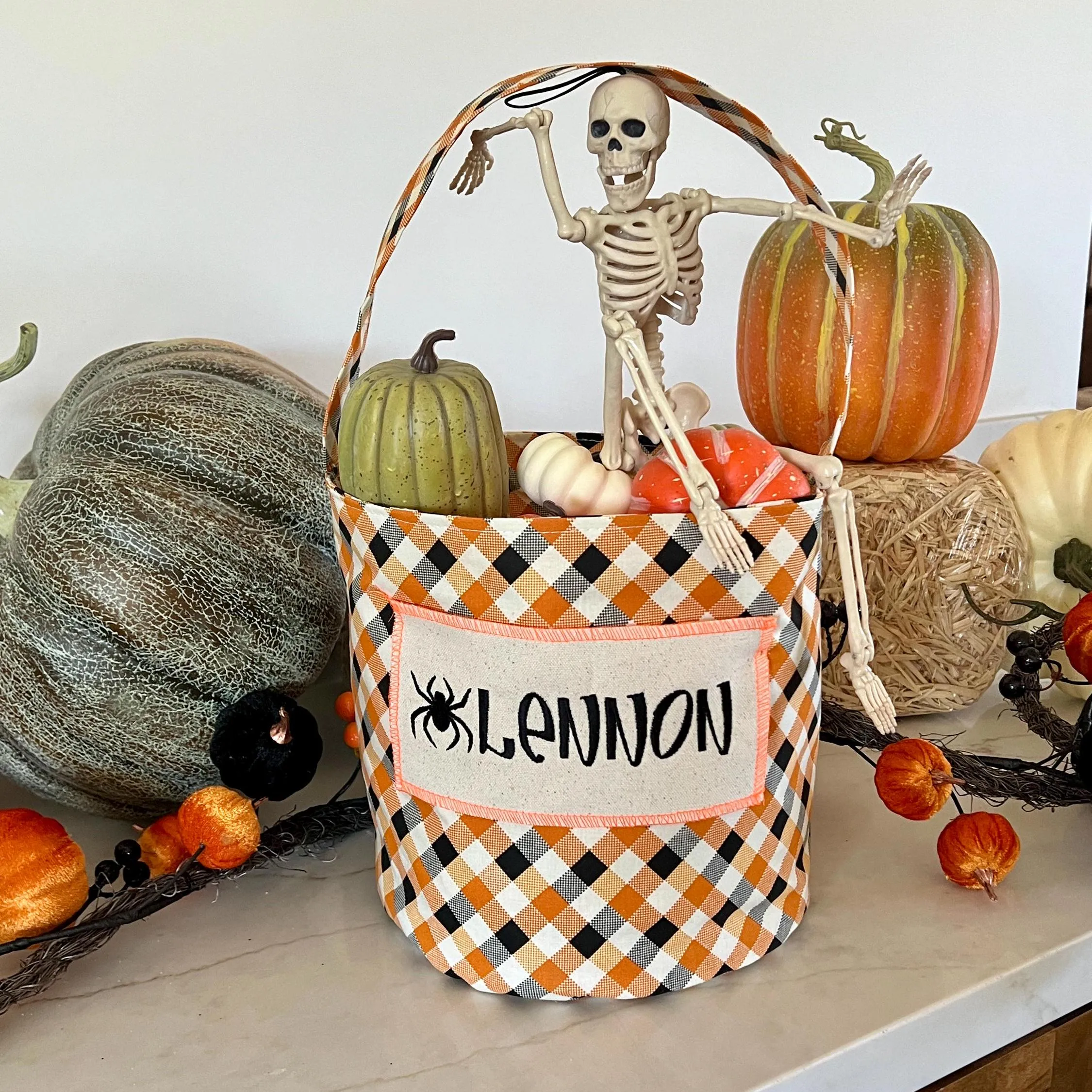 Black Orange Gingham Trick or Treat Bag, Custom Halloween Bucket
