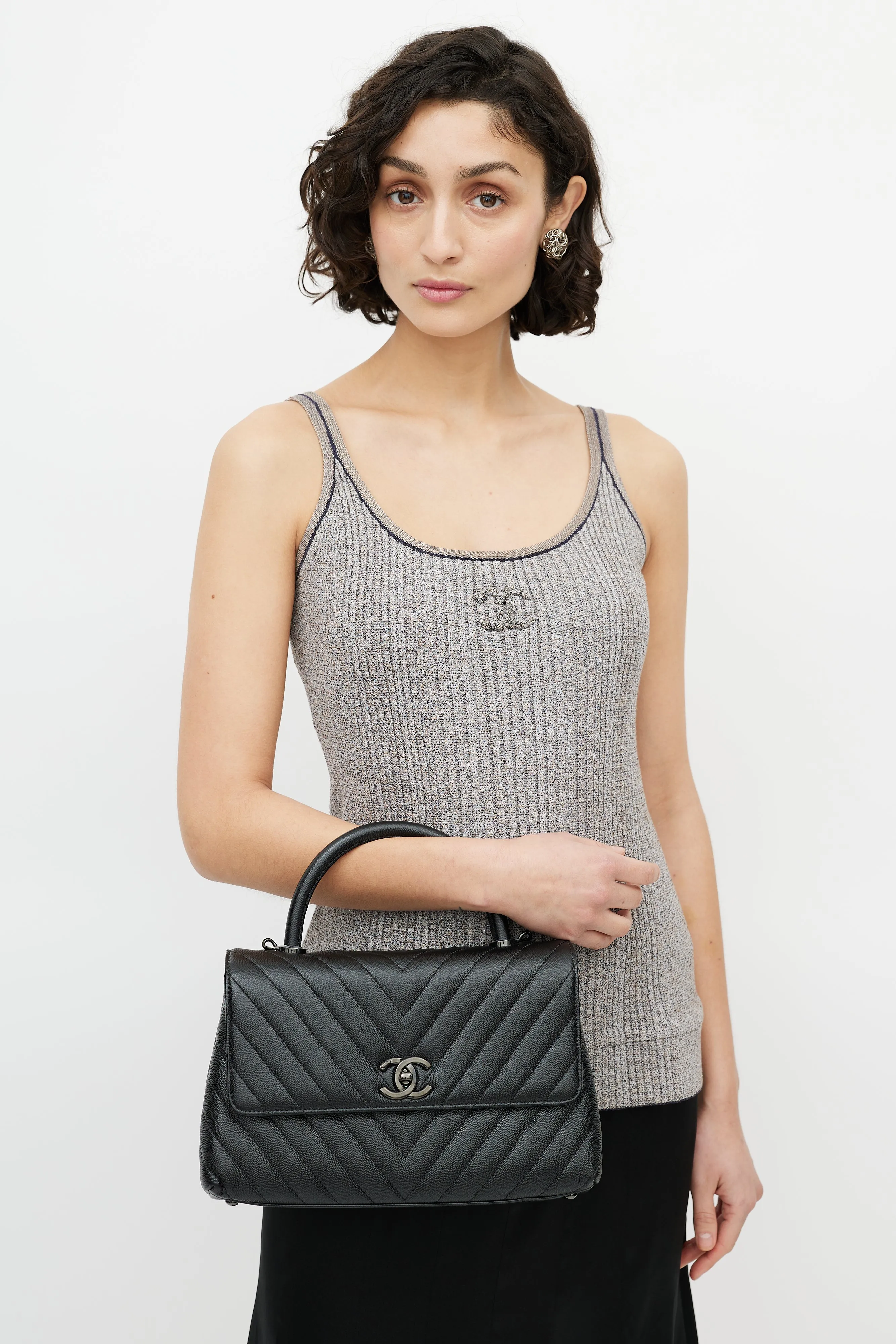 Black Quilted Leather Coco Handle Crossbody Bag