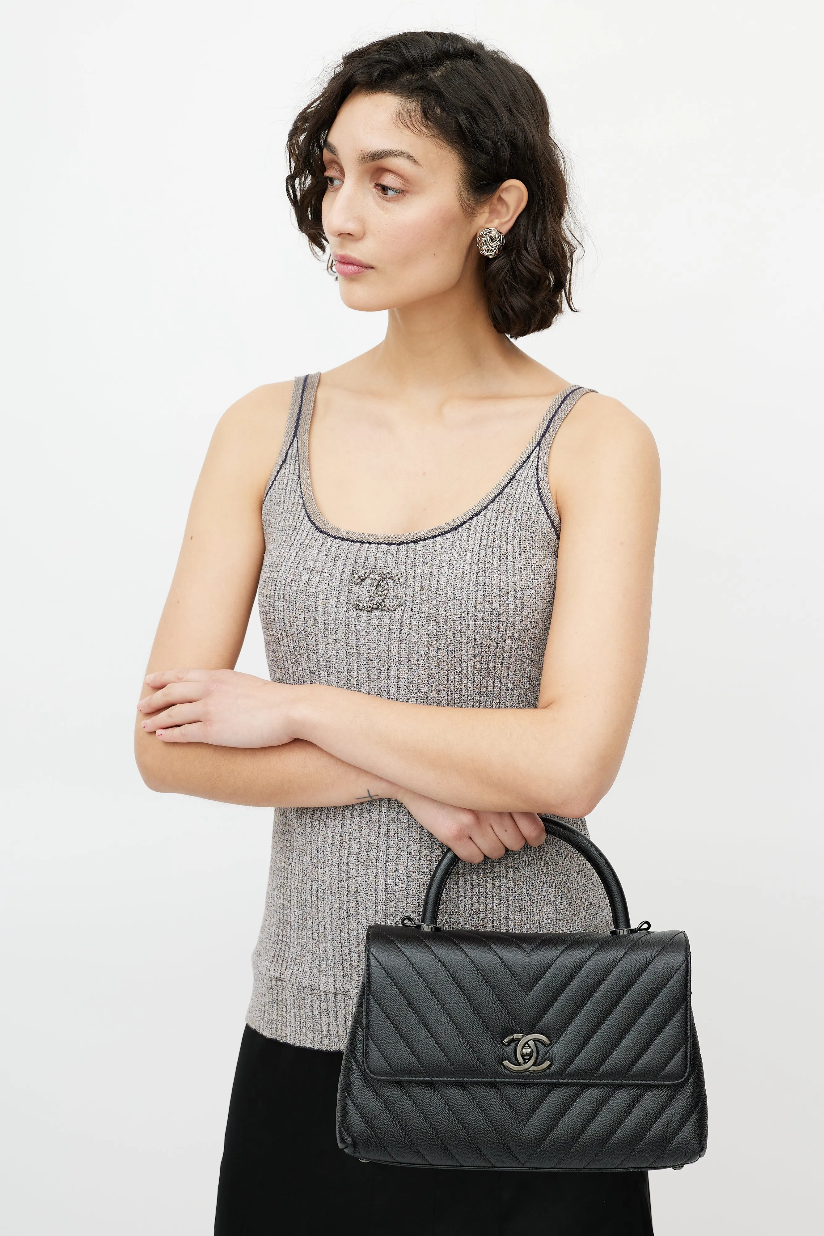 Black Quilted Leather Coco Handle Crossbody Bag