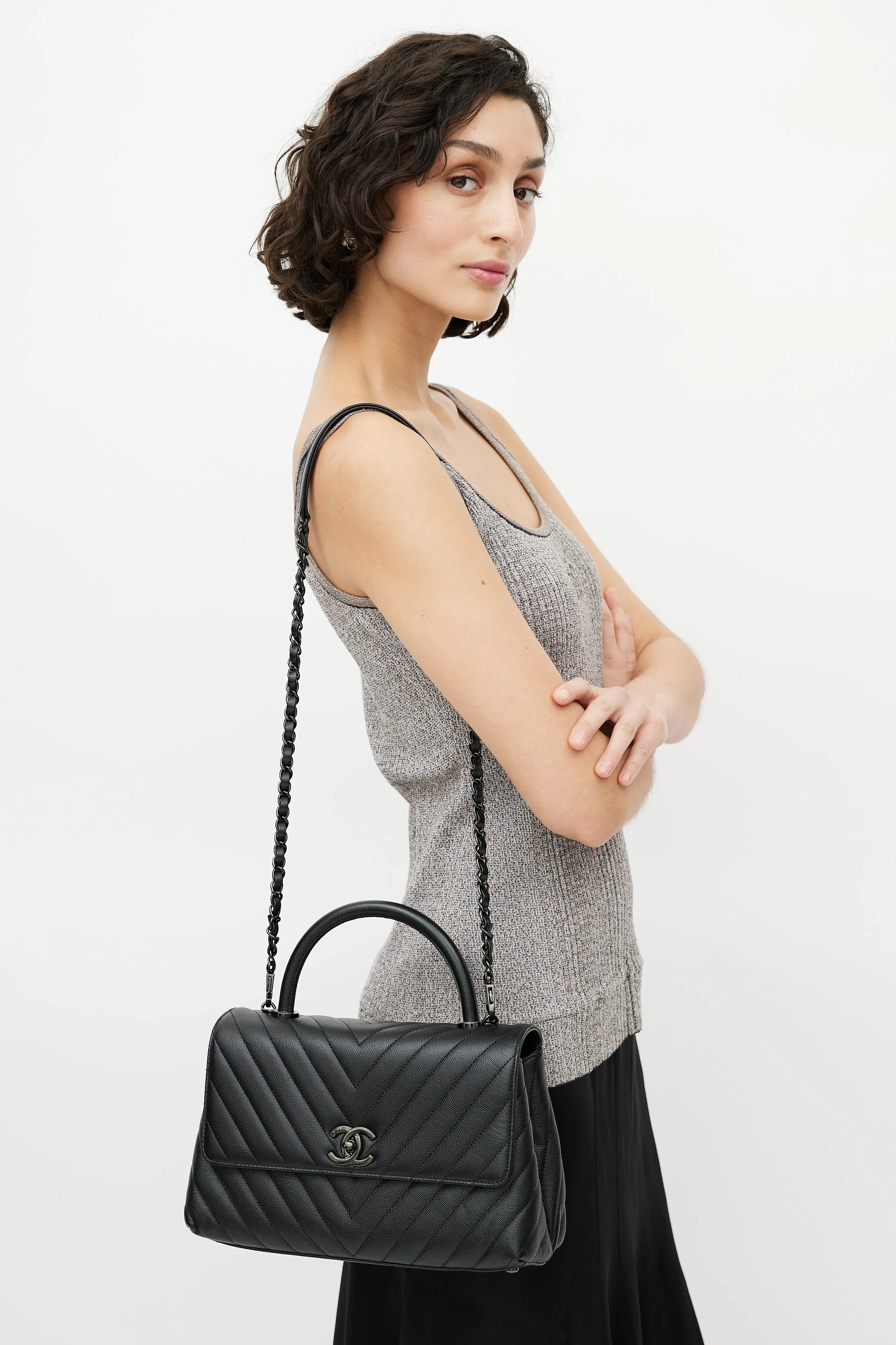 Black Quilted Leather Coco Handle Crossbody Bag