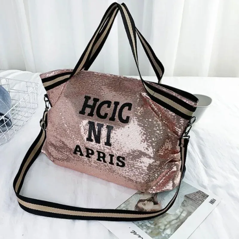 Bling Sequins Shoulder Bags Big Capacity Female Handbag For Lady Travel Large Tote Letter Printed Crossbody Bags