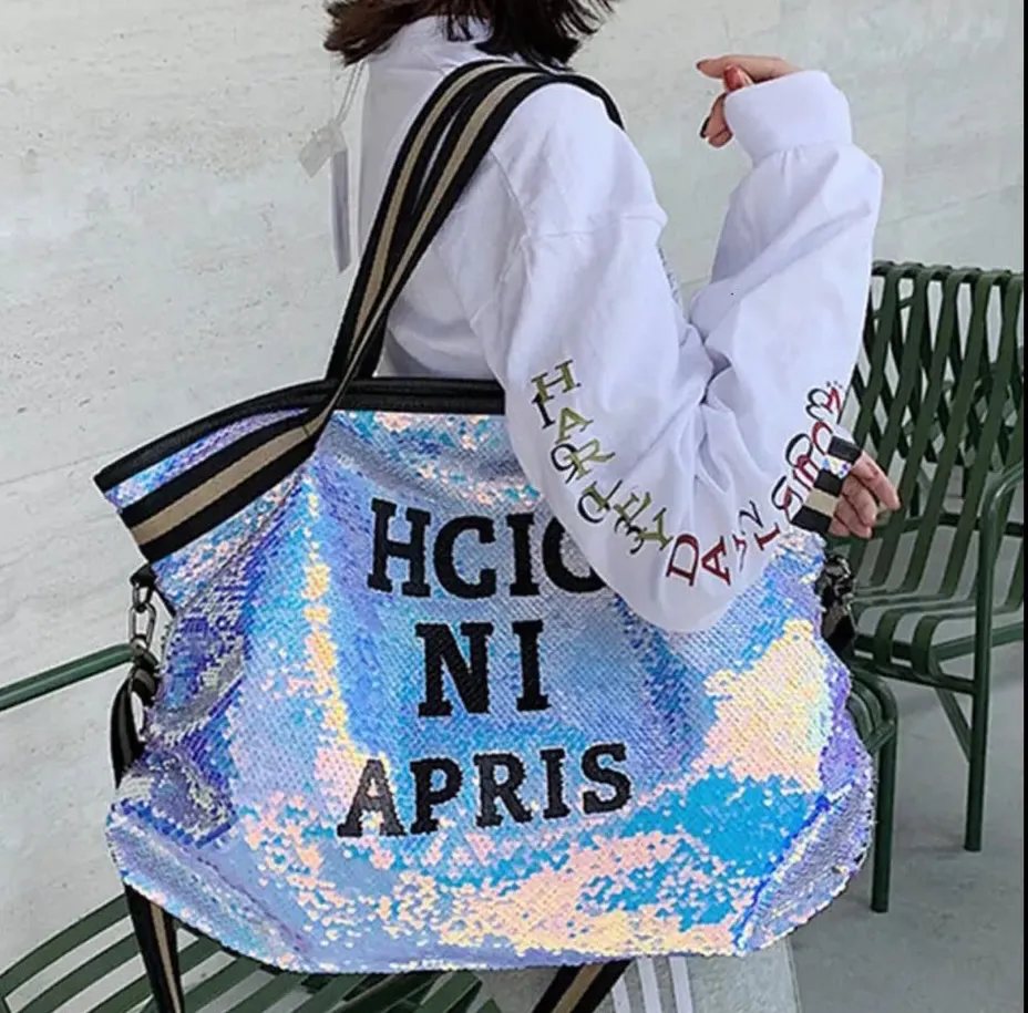 Bling Sequins Shoulder Bags Big Capacity Female Handbag For Lady Travel Large Tote Letter Printed Crossbody Bags