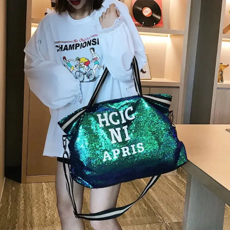 Bling Sequins Shoulder Bags Big Capacity Female Handbag For Lady Travel Large Tote Letter Printed Crossbody Bags
