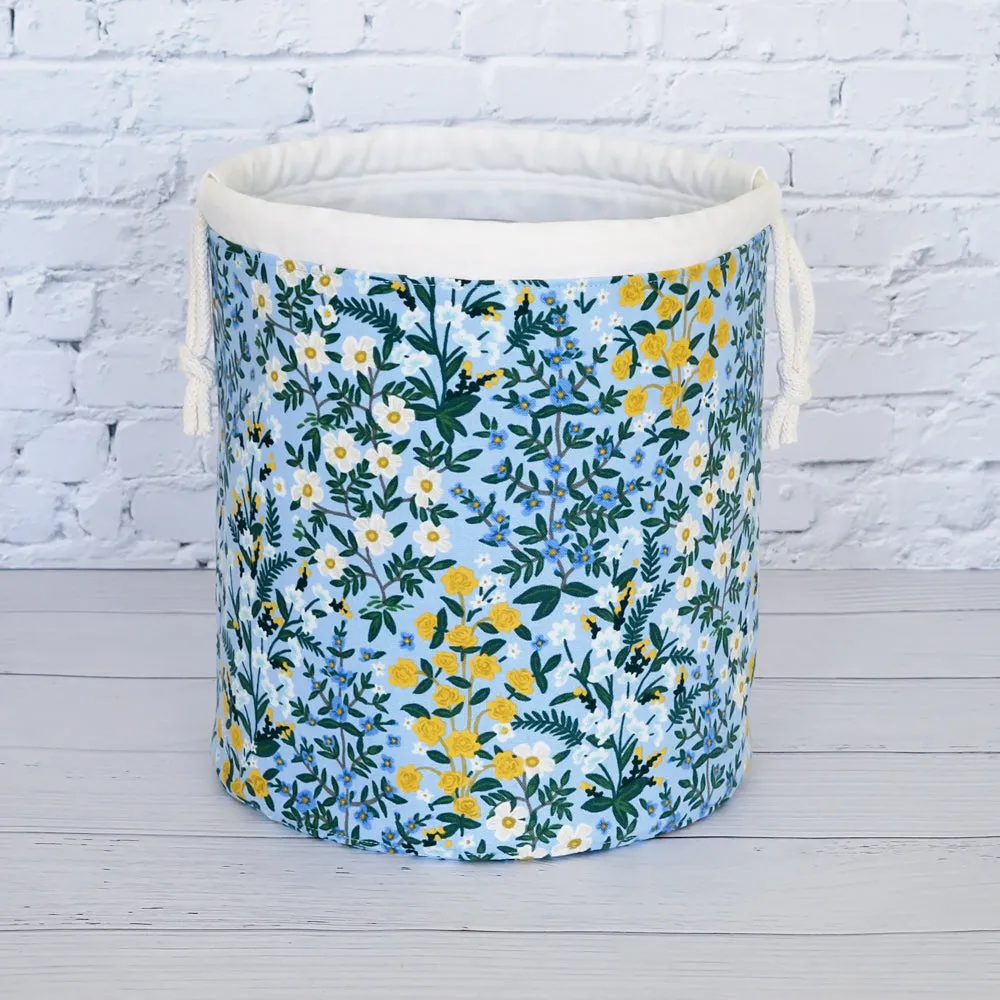 Blue Floral Canvas Bucket Bag Featuring a Scissor Chain by Mable and Rose