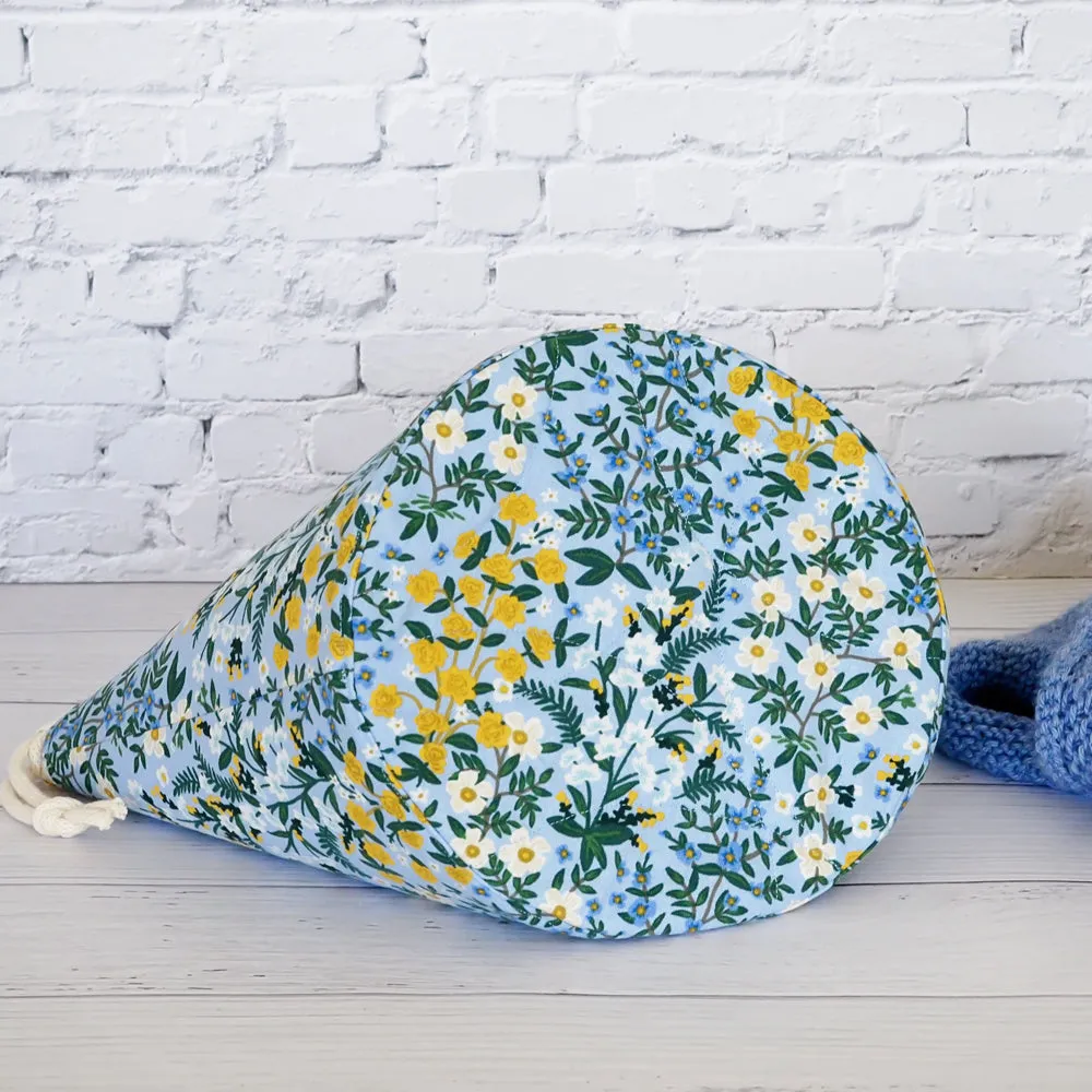 Blue Floral Canvas Bucket Bag Featuring a Scissor Chain by Mable and Rose