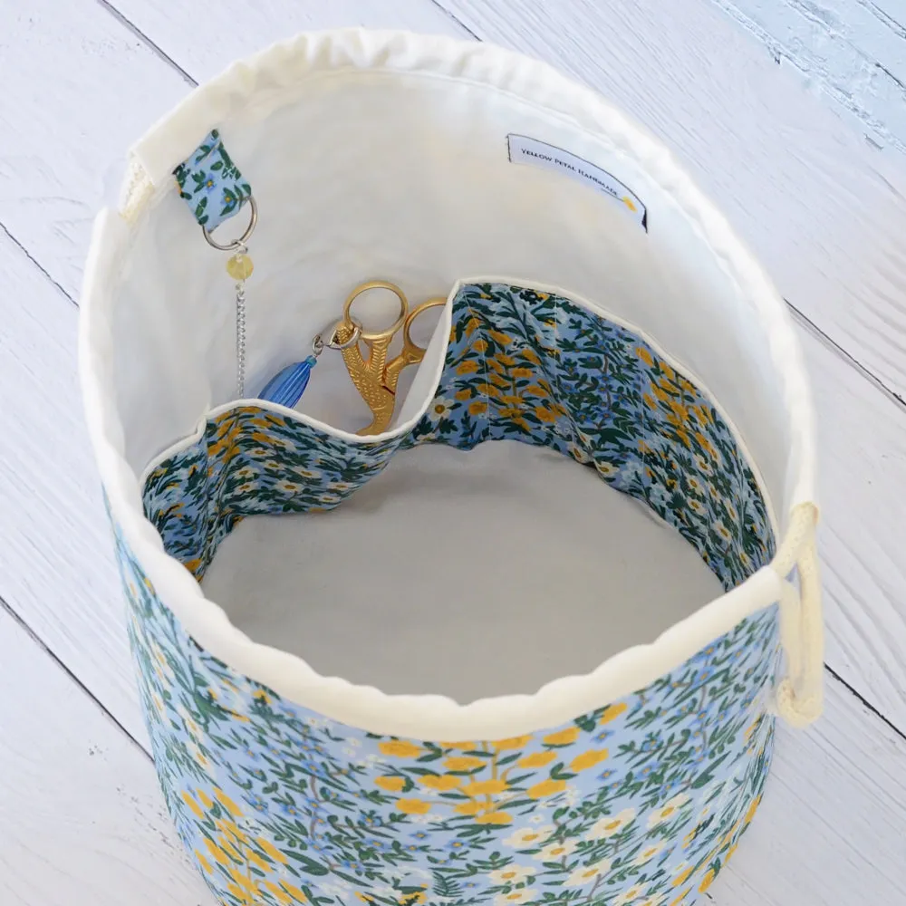 Blue Floral Canvas Bucket Bag Featuring a Scissor Chain by Mable and Rose