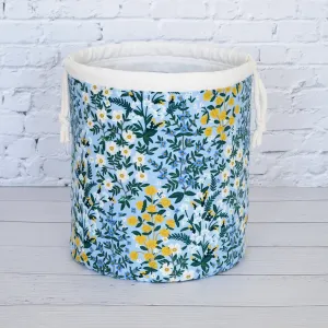 Blue Floral Canvas Bucket Bag Featuring a Scissor Chain by Mable and Rose
