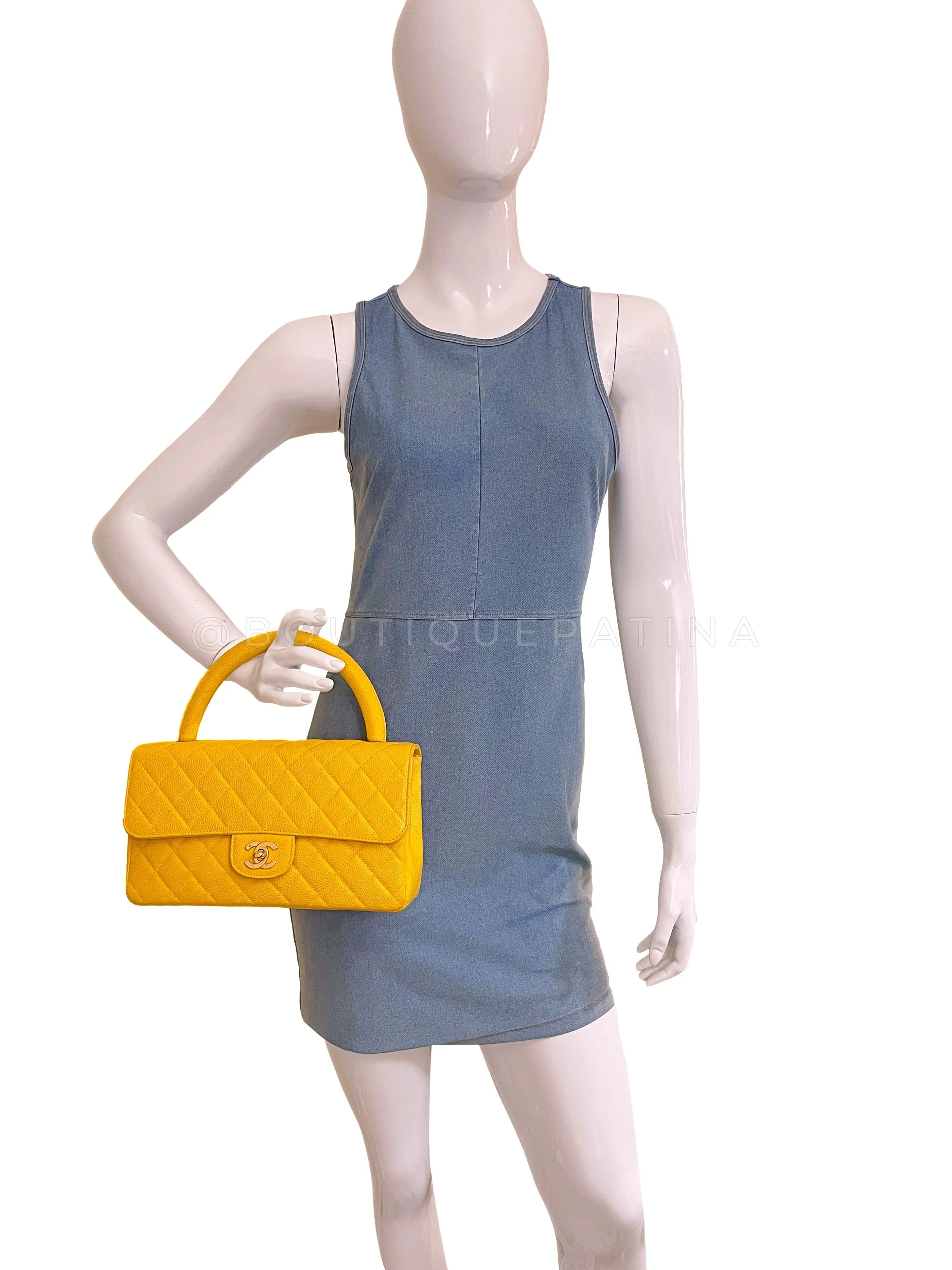 Chanel 1997 Vintage Canary Yellow Caviar Kelly Flap Parent Bag 24k GHW