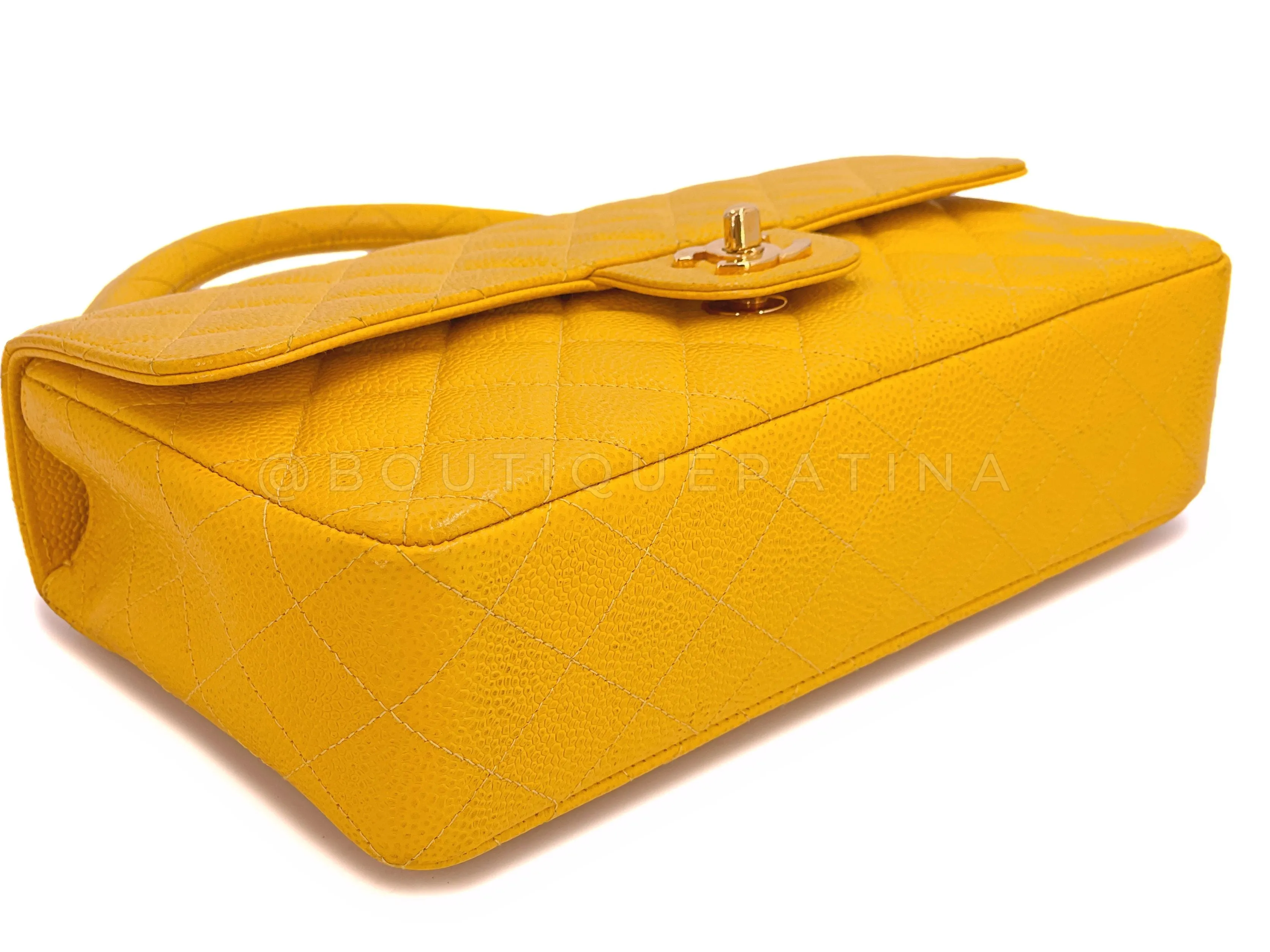 Chanel 1997 Vintage Canary Yellow Caviar Kelly Flap Parent Bag 24k GHW