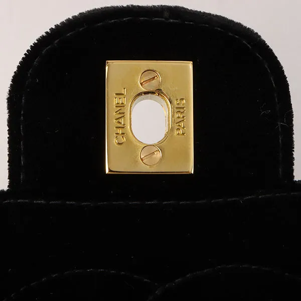 Chanel Around 1995 Made Velour Classic Flap Top Handle Bag Black
