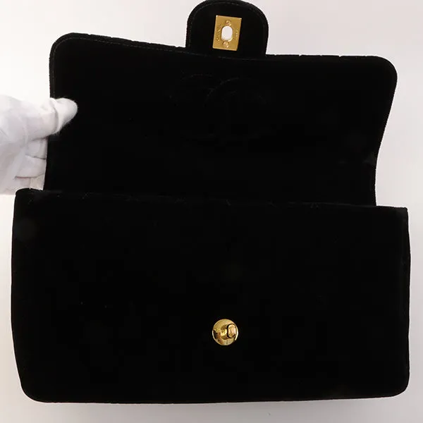 Chanel Around 1995 Made Velour Classic Flap Top Handle Bag Black