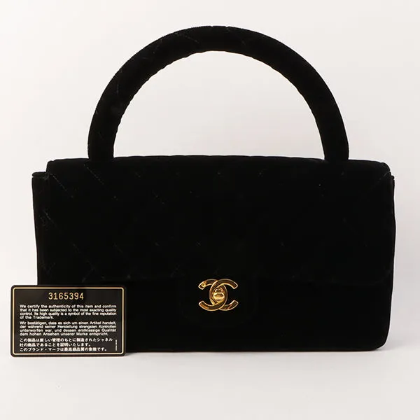 Chanel Around 1995 Made Velour Classic Flap Top Handle Bag Black