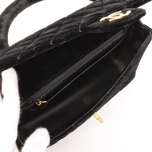 Chanel Around 1995 Made Velour Classic Flap Top Handle Bag Black