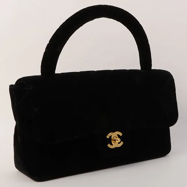 Chanel Around 1995 Made Velour Classic Flap Top Handle Bag Black