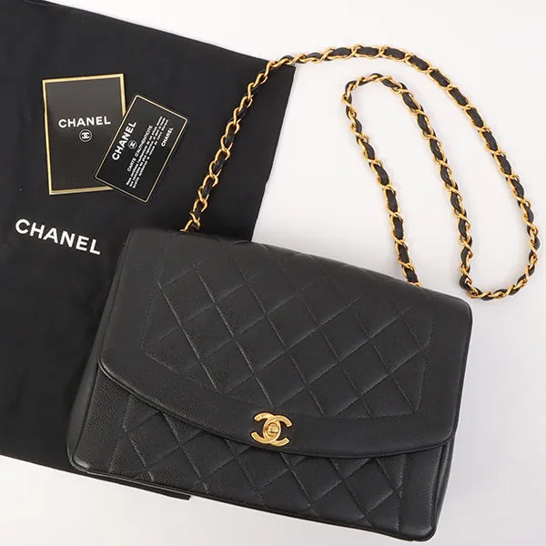 Chanel Around 1996 Made Caviar Skin Diana Flap Chain Bag Black