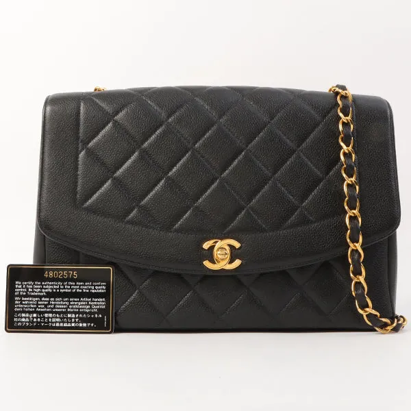 Chanel Around 1996 Made Caviar Skin Diana Flap Chain Bag Black