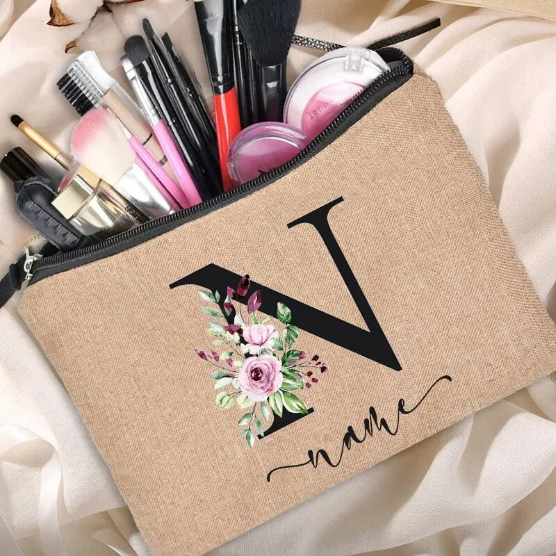 Customized Personalized Name Linen Cosmetic Bag Bridesmaid Bachelor Party Lipstick Bag