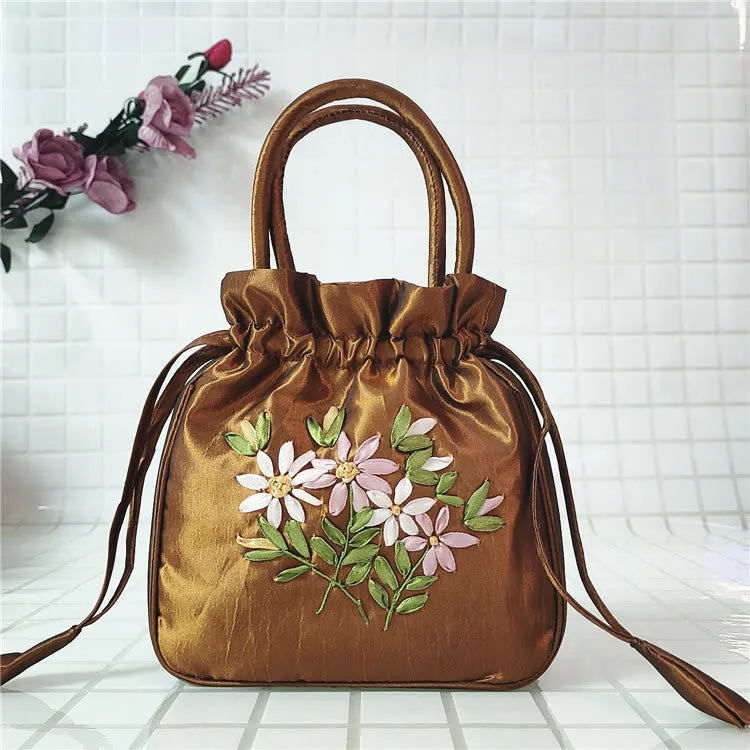 Embroidery Floral Clutch Drawstring Bucket Bag Handbag Party Bag