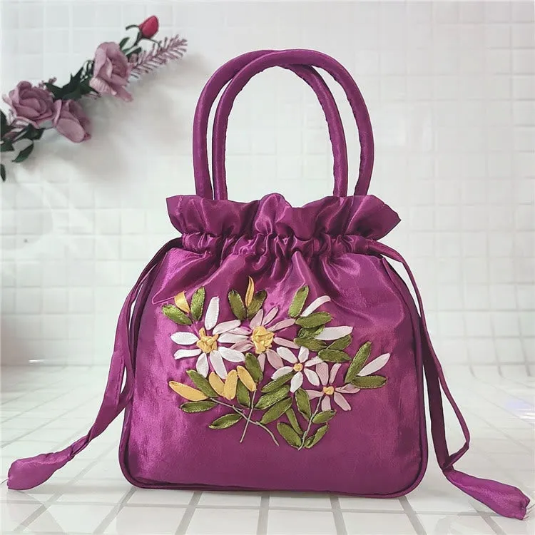 Embroidery Floral Clutch Drawstring Bucket Bag Handbag Party Bag