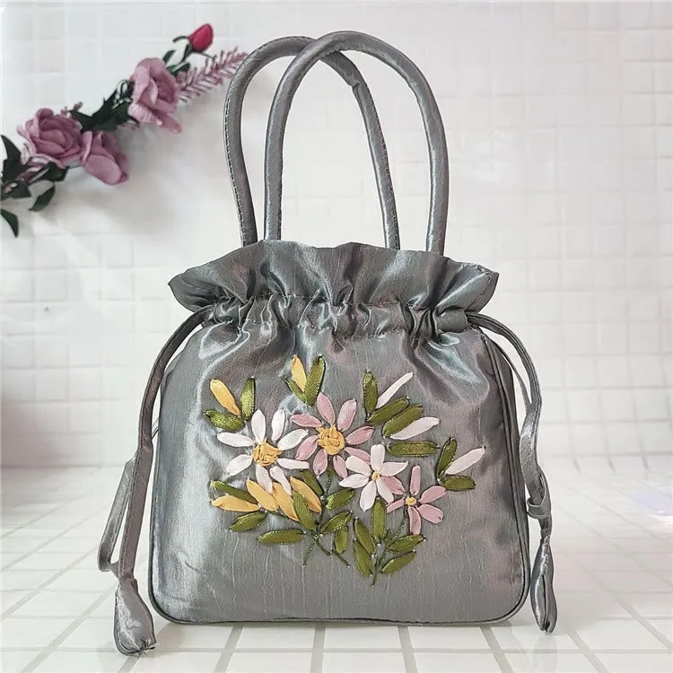 Embroidery Floral Clutch Drawstring Bucket Bag Handbag Party Bag