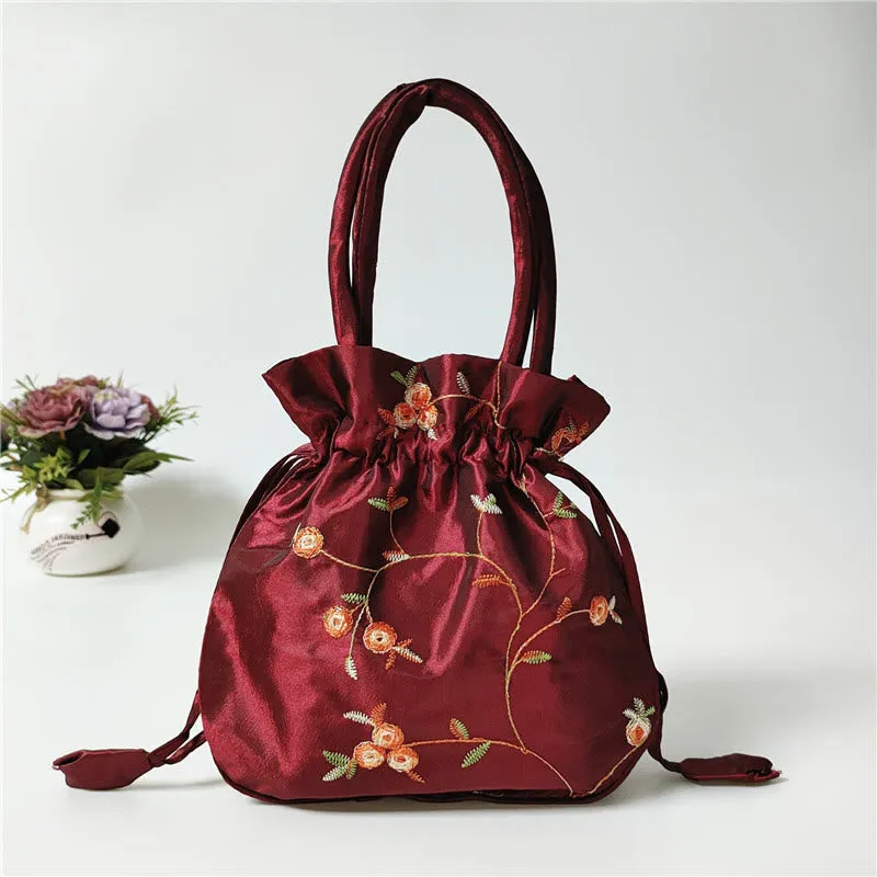 Embroidery Floral Clutch Drawstring Bucket Bag Handbag Party Bag