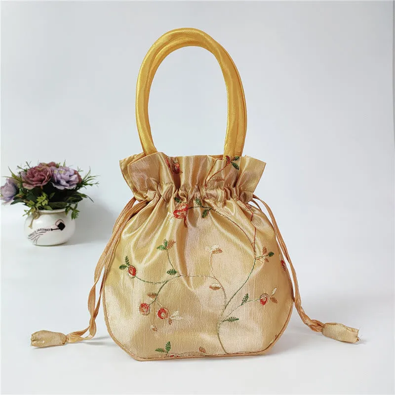 Embroidery Floral Clutch Drawstring Bucket Bag Handbag Party Bag