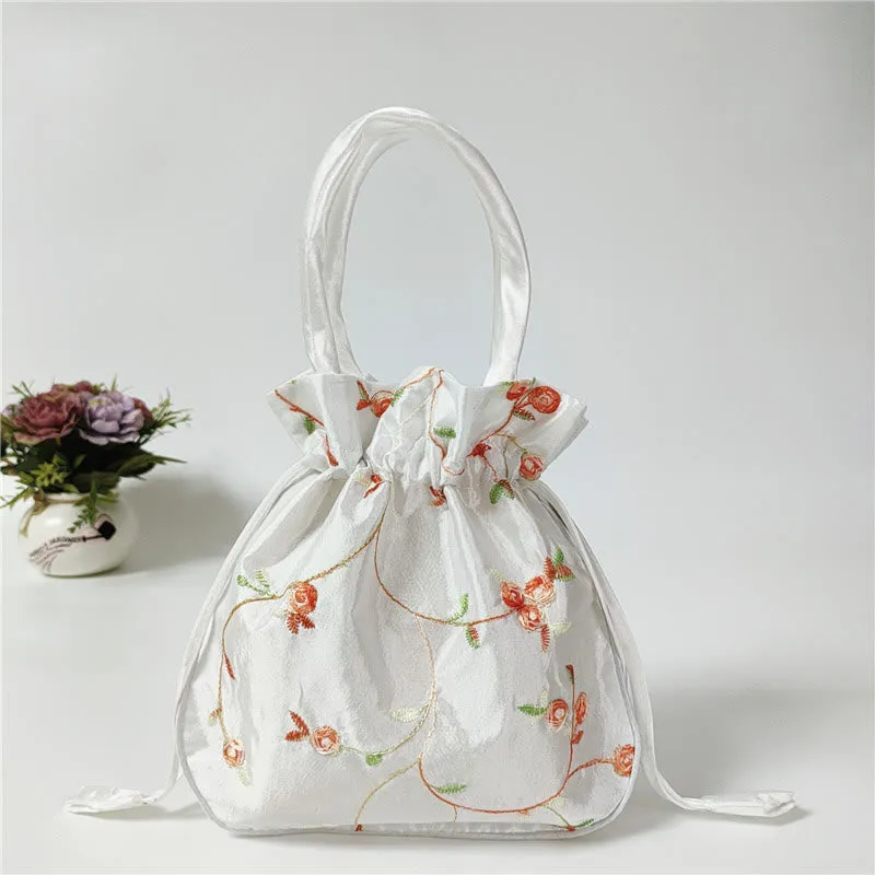 Embroidery Floral Clutch Drawstring Bucket Bag Handbag Party Bag