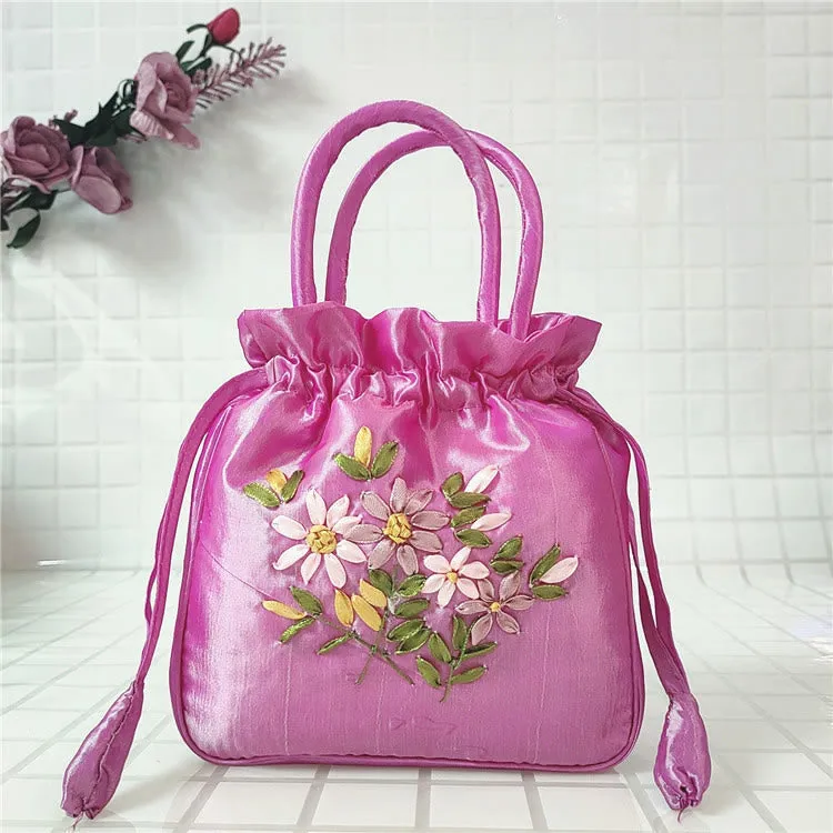 Embroidery Floral Clutch Drawstring Bucket Bag Handbag Party Bag